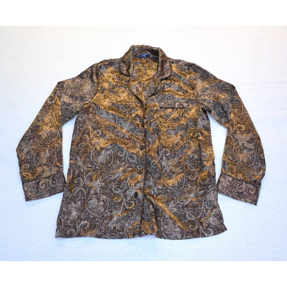 Reitmans Womens S Brown Gold Paisley Butterfly Print Button Up Blouse Flowing